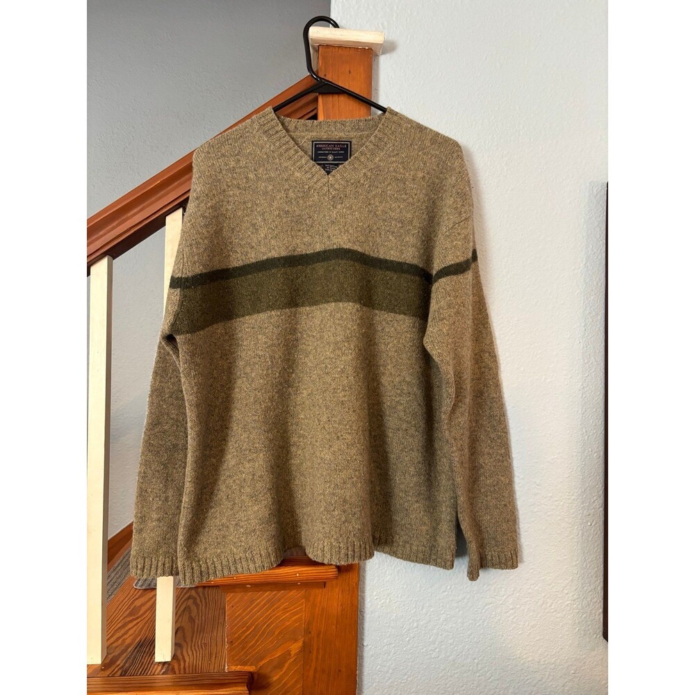 American Eagle vtg 100% Shetland wool sweater v neck green stripe M oversized